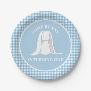 Some Bunny is One blauwe Gingham Verjaardag Papieren Bordje