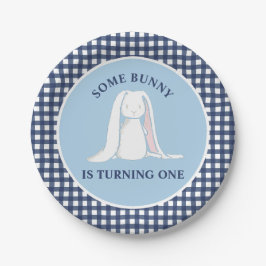 Some Bunny is One blauwe Gingham Verjaardag Papieren Bordje