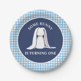 Some Bunny is One blauwe Gingham Verjaardag Papieren Bordje