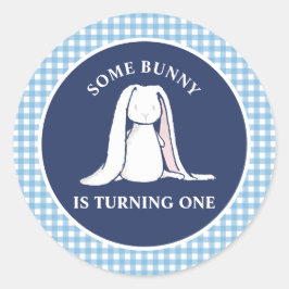 Some Bunny is One blauwe Gingham Verjaardag Ronde Sticker