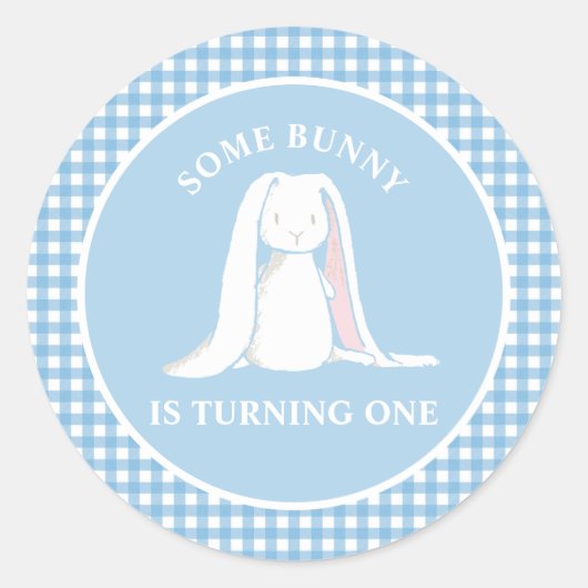 Some Bunny is One blauwe Gingham Verjaardag Ronde Sticker (Voorkant)
