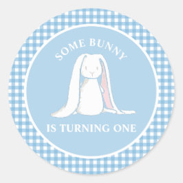 Some Bunny is One blauwe Gingham Verjaardag Ronde Sticker