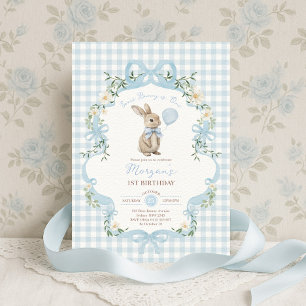 Some Bunny is One Blauwe Strik Gingham 1e Verjaard Kaart