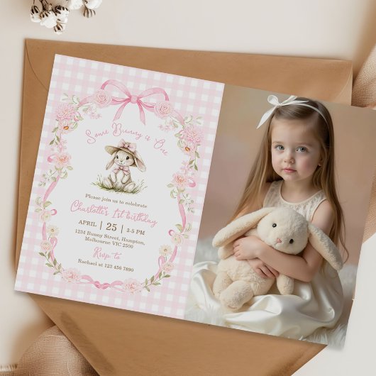 Some Bunny is One Bow Gingham 1st Birthday Photo Kaart