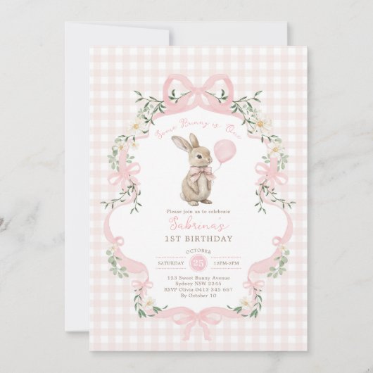 Some Bunny is One Pink Bow Gingham 1st Birthday Kaart (Voorkant)