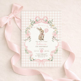 Some Bunny is One Pink Bow Gingham 1st Birthday Kaart