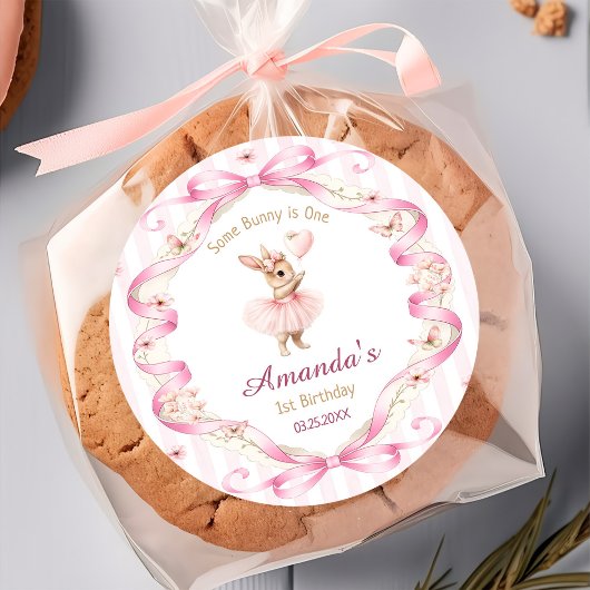 Some Bunny is One Pink Bow Gingham 1st Birthday Ronde Sticker