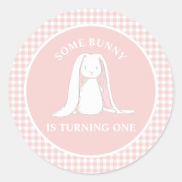 Some Bunny is One Roze Gingham Verjaardag Papieren Ronde Sticker