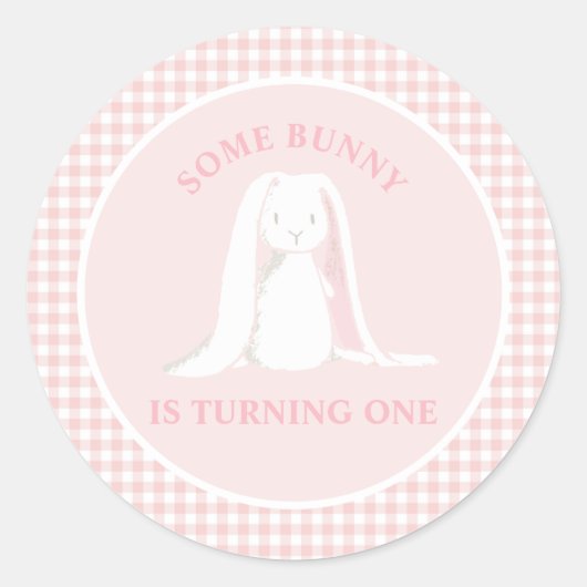 Some Bunny is One Roze Gingham Verjaardag Ronde Sticker (Voorkant)