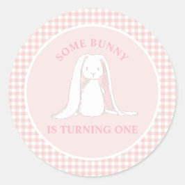 Some Bunny is One Roze Gingham Verjaardag Ronde Sticker