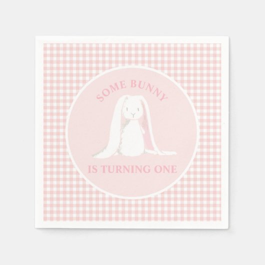 Some Bunny is One Roze Gingham Verjaardag Servet (Voorkant)