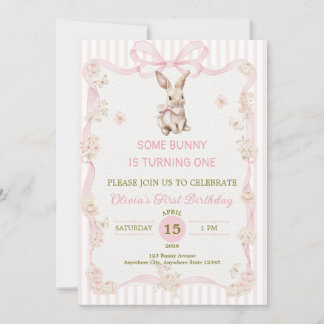 Some Bunny is One: Roze Lint Konijn Eerste Verjaar Kaart