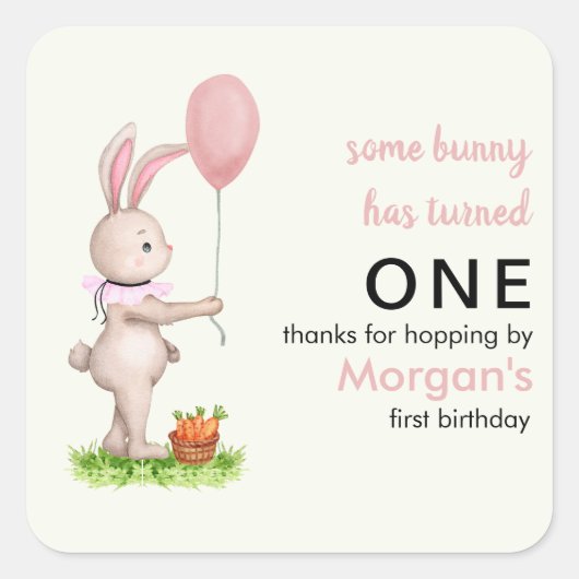 Some Bunny is One Schattige Rabbit Balloon 1st Bir Vierkante Sticker (Voorkant)