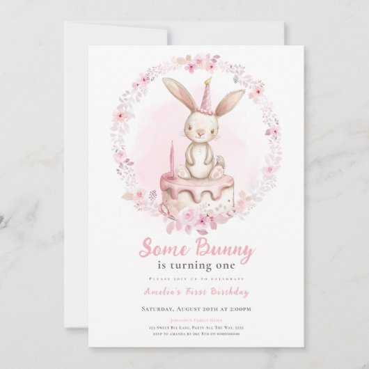 Some Bunny is One Wildflowers Pink Rabbit First Kaart (Voorkant)