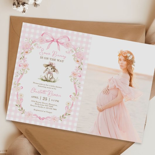 Some Bunny Pink Bow Gingham Baby Shower Photo Kaart