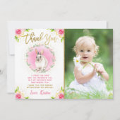 Some Bunny Roze Bloem Goud Glitter Foto Verjaardag Bedankkaart (Voorkant)