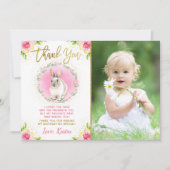 Some Bunny Roze Bloemengoud Glitter Foto Verjaarda Bedankkaart (Voorkant)