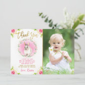 Some Bunny Roze Bloemengoud Glitter Foto Verjaarda Bedankkaart (Staand voorkant)