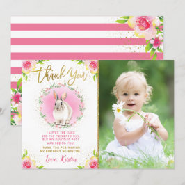 Some Bunny Roze Bloemig Goud Glitter Foto Verjaard Bedankkaart
