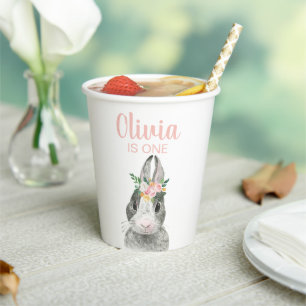 Some Bunny Roze Gingham Bloemen Eerste Verjaardag Papieren Bekers