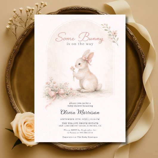 Some Bunny Roze Strikje Lente Baby Shower Kaart
