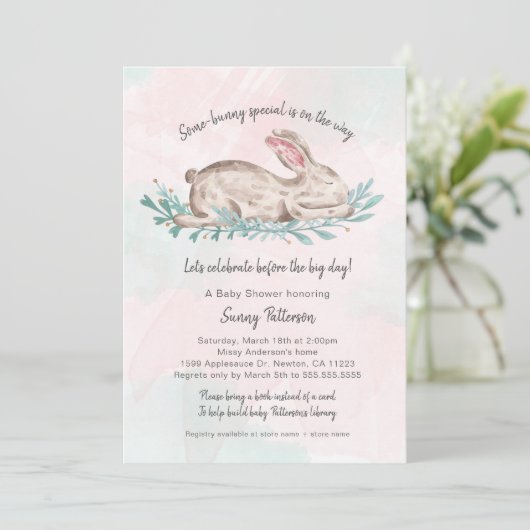 Some-bunny speciaal boek baby shower voor meisje kaart (Staand voorkant)