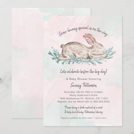 Some-bunny speciaal boek baby shower voor meisje kaart (Voorkant / Achterkant)