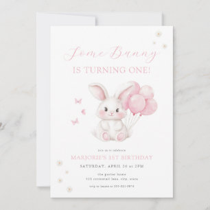 Some Bunny Spring Girl Roze Konijn Eerste Verjaard Kaart
