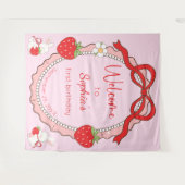Some Bunny Strawberry Roze Frame Verjaardag Backdr Wandkleed (Voorkant (horizontaal))