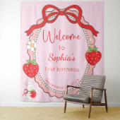 Some Bunny Strawberry Roze Frame Verjaardag Backdr Wandkleed (In situ)