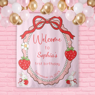 Some Bunny Strawberry Roze Frame Verjaardag Backdr Wandkleed
