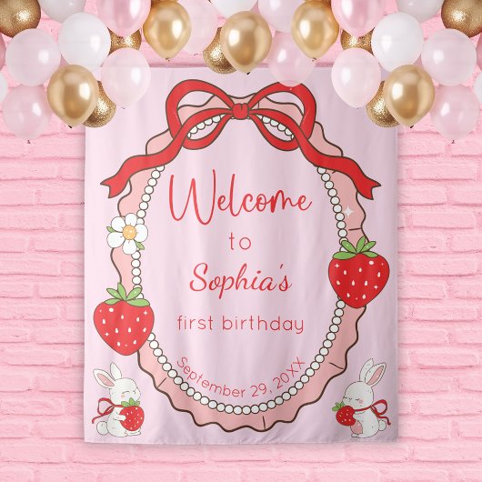 Some Bunny Strawberry Roze Frame Verjaardag Backdr Wandkleed