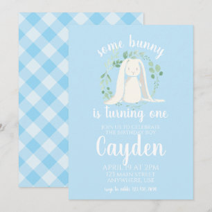 Some Bunny verjaardagsuitnodiging blauw ruitjes Kaart