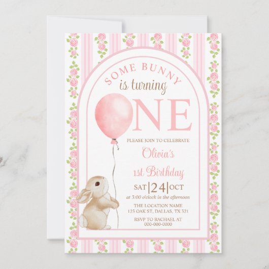 Some Bunny Vintage Rabbit 1st Birthday Invitation Kaart (Voorkant)
