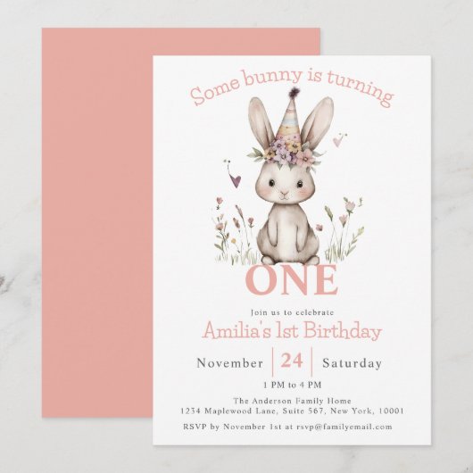 Some Bunny wordt een Schattige 1e verjaardagsfeest Kaart (Voorkant / Achterkant)