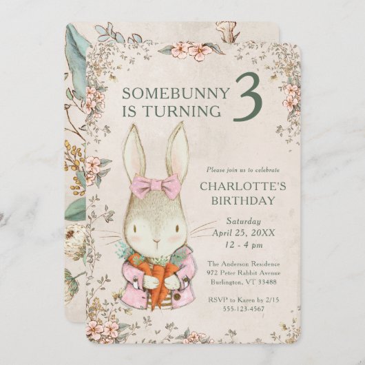 Somebunny is Turning Three 3rd Birthday Invitation Kaart (Voorkant / Achterkant)