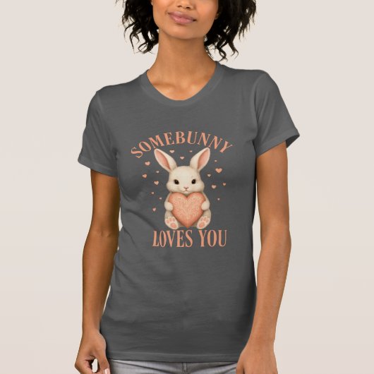 Somebunny Loves You Cute Bunny Dark Grey T-Shirt (Voorkant)