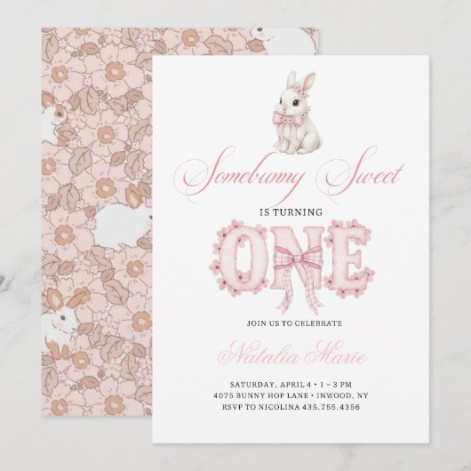 Somebunny Sweet 1st Birthday Spring Floral Invitat Kaart (Voorkant / Achterkant)