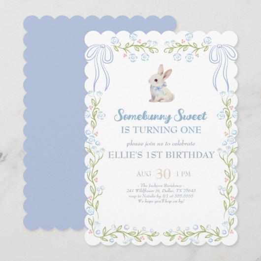 Somebunny Sweet Bunny 1st Birthday Spring Floral I Kaart (Voorkant / Achterkant)