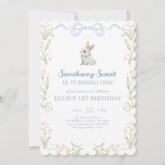 Somebunny Sweet Bunny 1st Birthday Spring Floral I Kaart (Voorkant)
