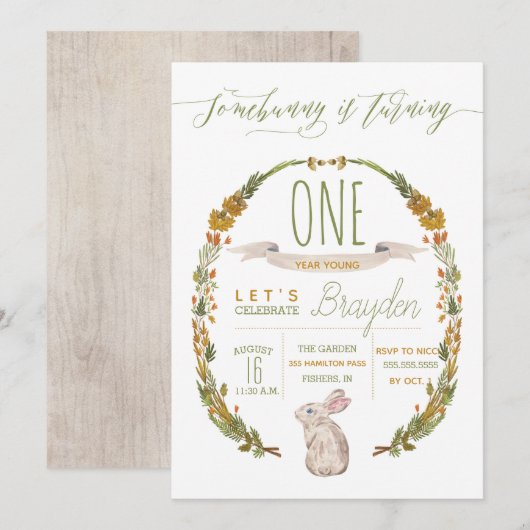 Somebunny WoodlandEerste verjaardagsfeestje uitnod Kaart (Voorkant / Achterkant)