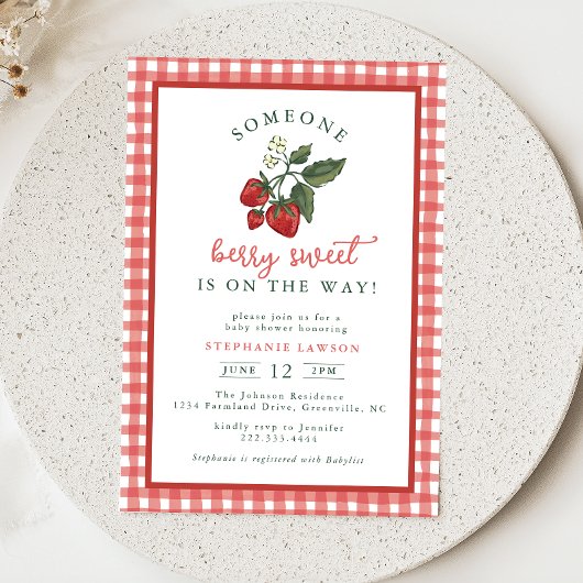 Someone Berry Sweet Gingham Baby Shower Invitation Kaart
