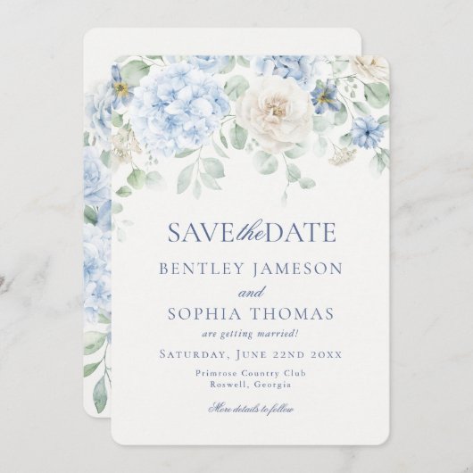 Something Blue Bloemige Hydrangea Save the Date Ka Kaart (Voorkant / Achterkant)