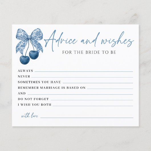 Something Blue Bow Bridal Shower Advice Card (Voorkant)