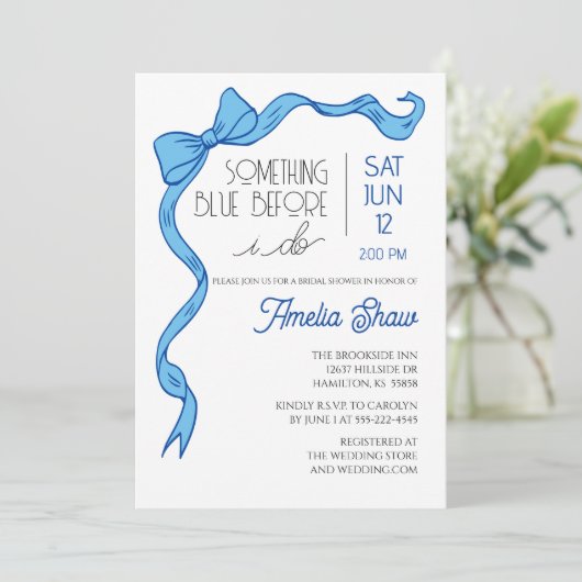 Something Blue Bow Bridal Shower Invitation Kaart (Staand voorkant)