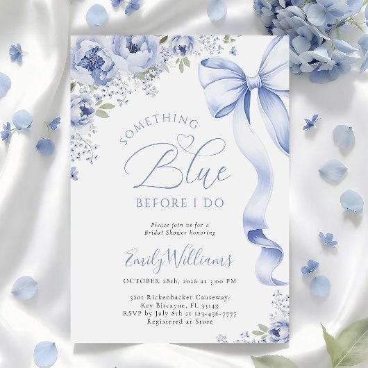 Something Blue Bow Floral Bridal Shower Invitation Kaart