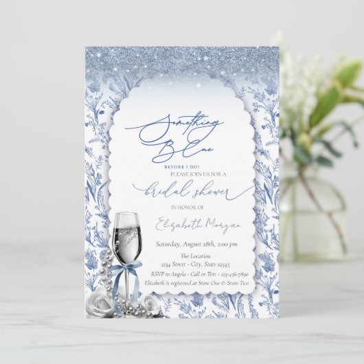 Something Blue Bow Glitter Champagne Wildflower Kaart (Staand voorkant)