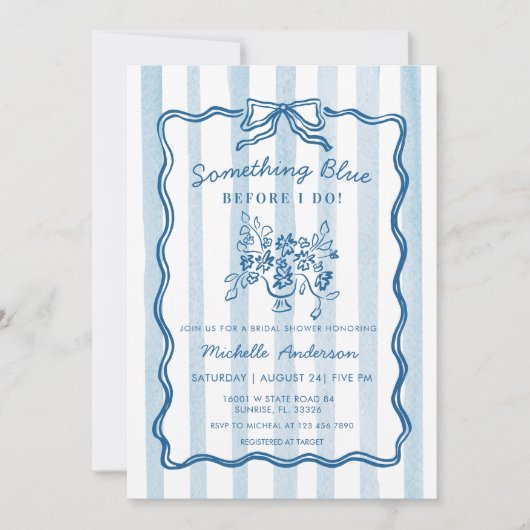 Something Blue Bow Stripe Bridal Shower Invitation Kaart (Voorkant)