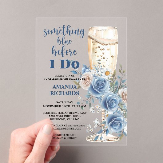 Something Blue Champagne Floral Bridal Shower Acryl Uitnodigingen (Insitu (Draagbaar))