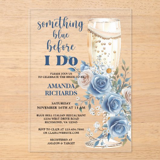 Something Blue Champagne Floral Bridal Shower Acryl Uitnodigingen (Voorkant)
